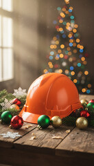 orange construction helmet and christmas ornaments decorating a wooden table with a pine tree celebrating amidst a bokeh of festive lights banner copy space, *Construction-themed Holiday Celebration