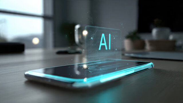 A smartphone projects a glowing blue holographic "AI" interface, symbolizing advanced artificial intelligence technology in a modern, futuristic setting. - Powered by Adobe