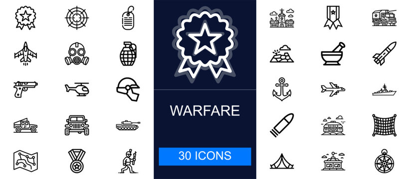 Warfare icon set. Military, weapons, vehicles, defense, soldiers, strategy, protection, equipment, security forces, aviation, navy, combat tools and more. Thin line vector icons collection.
