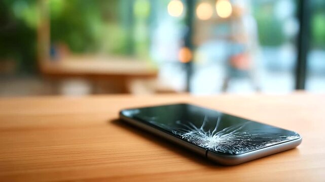 Black broken touch screen phone with defocused background, faceless device damage, shattered visualization detail, blurred setting, screen break concept, mobile interface, repair d