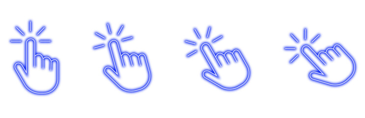 A set of four glowing blue neon cursor icons depicting a hand pointing and clicking, isolated on a transparent background, symbolizing interaction and digital selection. © Moynul Haque