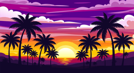Vector illustration of a beautiful tropical beach sunset with silhouetted palm trees against a vibrant purple and orange sky over the ocean