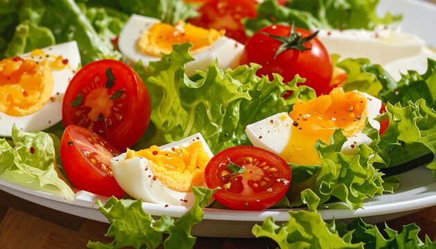 Close-up of a vibrant salad featuring sliced hard-boiled eggs, halved red tomatoes, and fresh green lettuce. A healthy, colorful meal