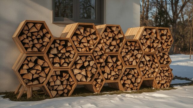 Modern honeycomb-style firewood storage with neatly stacked logs.