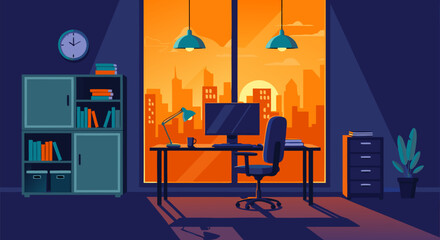 Modern home office interior illustration with a computer, desk, and bookshelf, set against a vibrant city skyline at sunset, depicting a productive remote workspace