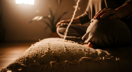 Obraz premium Serene moment of mindfulness as person meditates in golden light, seeking peace and spiritual wellness through mindful practice in peaceful home studio