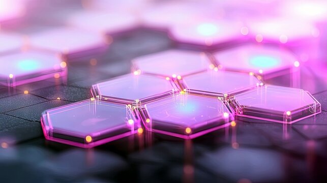 A close-up view of interconnected hexagonal shapes emitting a vibrant purple and pink glow, with small golden lights highlighting the connections.