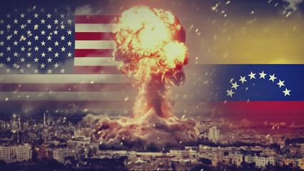 American and Venezuelan flags against the backdrop of the ruins of a city after a large explosion. America's war on Venezuela. Attack on Venezuela.