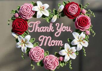 3D crochet roses and lilies forming a heart shape around “Thank You, Mom” in flowing crochet typography