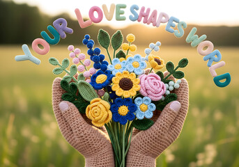  Crochet hands holding a bouquet of flowers, with “Your Love Shapes My World” in curvy 3D crochet letters, intricate detail, nature-inspired.