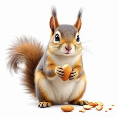 Obraz premium Adorable squirrel holding an almond in its paws looking directly at the viewer with a fluffy tail and whiskers on white background