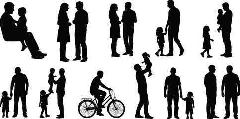 Family and parenting silhouette vector set, father, mother, child, baby, walking, talking, caring, life moments, outdoor activity, bicycle.