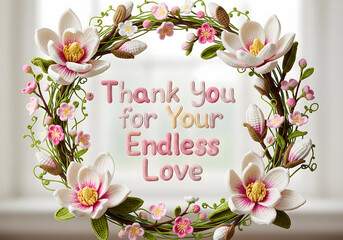 Crochet magnolias and cherry blossoms surrounding “Thank You for Your Endless Love”