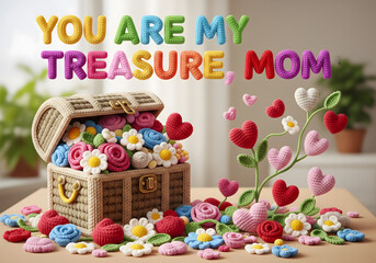 Crochet treasure chest overflowing with flowers and hearts, 3D typography “You Are My Treasure, Mom,”