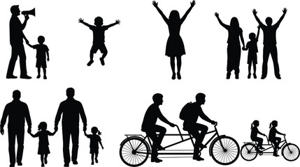 Family and people activity silhouette vector set, biking, father, child, mother, celebration, cheering, megaphone, joyful moments, parenting.