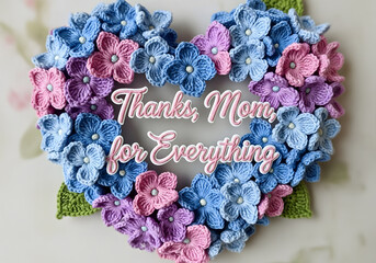 Crochet hydrangea cluster forming a heart, typography “Thanks, Mom, for Everything,”