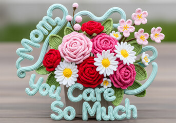Crochet roses, daisies, and cherry blossoms surrounding “Mom, You Care So Much,” 