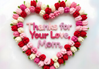 Crochet tulips spiraling into a heart shape around “Thanks for Your Love, Mom,”