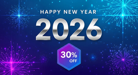 Happy new year 2026 celebration banner with a 30% discount offer