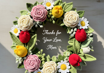 Crochet floral wreath of roses, tulips, and daisies around “Thanks for Your Love, Mom,”
