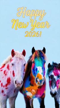 Colorful Horses with Happy New Year 2026 Greeting on Light Blue Background