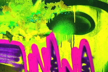 Bold graffiti with acid green, magenta splashes, urban 90s style, fluorescent glow. Walls, posters, street art, digital design. Modern 90s, 2000s, Y2K creative banner, urban visuals.