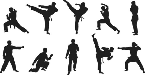 Martial arts karate silhouette vector set, high kick, dynamic fighting action, female and male, self-defense, combat training, professional sport. © kulsum creatives
