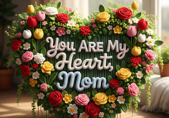Heart-shaped garden of crochet roses, tulips, and greenery with “You Are My Heart, Mom” 