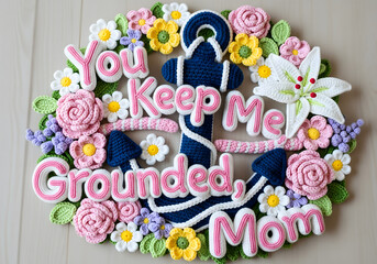 Crochet anchor surrounded by flowers, with “You Keep Me Grounded, Mom”