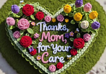 3D crochet heart-shaped garden with roses and tulips, typography reading “Thanks, Mom, for Your Care,”