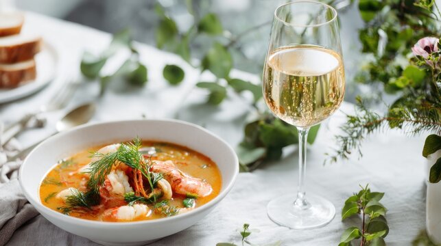 Elegant dining with gourmet seafood soup and sparkling wine in a charming setting,National Bouillabaisse Day - Powered by Adobe