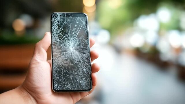 Smartphone with display broken defocused background, faceless device damage, cracked visualization detail, blurred setting, screen concept, mobile interface, broken display, damage