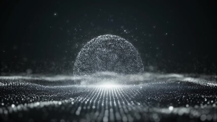 Abstract sphere of glowing particles creating an ethereal and futuristic digital landscape with light effects - Powered by Adobe