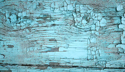 Weathered turquoise blue paint peeling on rough wooden surface. Cracked texture creates rustic, vintage look. Perfect banner background for design, craft, packaging, textile and decorative projects.