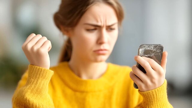 Upset woman holding broken smartphone throwing defocused hands up, faceless disbelief moment, out-of-use visualization detail, blurred frustrated background, accident concept, emot