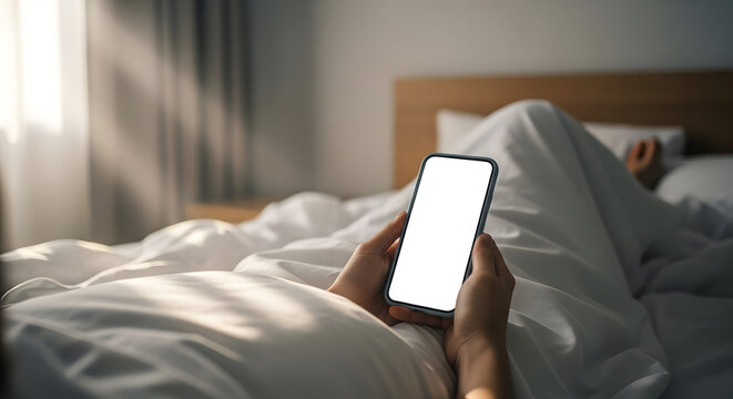 Relaxing in bed scrolling on mobile phone mockup