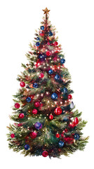 Fototapeta premium Watercolor beautifully decorated christmas tree with red and blue ornaments and twinkling lights