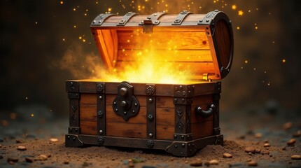 Un viejo cofre rústico de madera se abre de golpe, liberando una luz dorada brillante y polvo reluciente