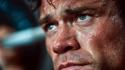 Obraz premium A man's face, intensely focused and covered in sweat, highlighting the physical toll of exertion or a challenging activity.