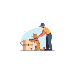 Man delivering a box with a cat assisting and supervising the delivery process with determination