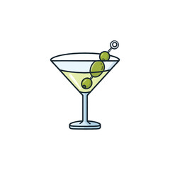 Martini glass filled with a light colored liquid adorned with green olives on a skewer creating a