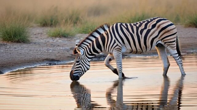 Zebra drinking water in a pond with reflection and grass in the background on a sunny day zebra video