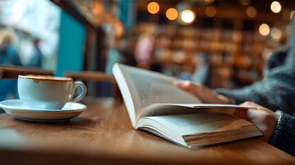 Hands, person and reading book in cafe for story, knowledge and student learning literature information in university. Closeup, education and studying novel on coffee shop table at college to relax