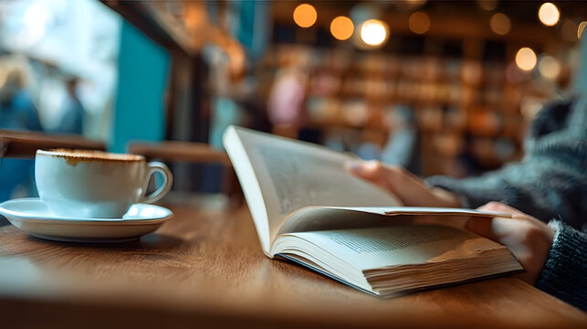 Hands, person and reading book in cafe for story, knowledge and student learning literature information in university. Closeup, education and studying novel on coffee shop table at college to relax