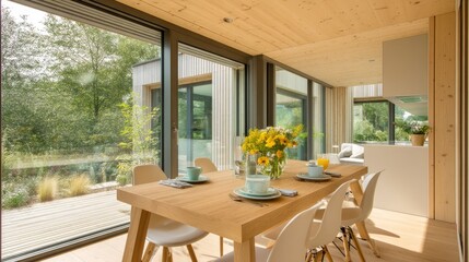 Fototapeta premium Bright and Modern Dining Space with Wooden Table and Fresh Flowers Surrounded by Nature and Glass Walls