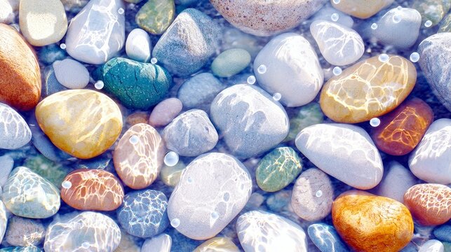 A close-up view of smooth, colorful pebbles under clear water, with sunlight creating dappled patterns and air bubbles.