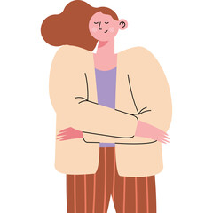 Illustration Of A Smiling Woman With Brown Hair Wearing A Light Beige Cardigan And Striped Pants With Purple Top Standing Confidently With Arms Crossed On A Transparent Background