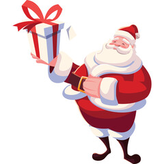 Happy Santa Claus Character Holding A Gift Box With Red Ribbon Wearing Red Suit And White Fur Trim Festive Christmas Holiday Celebration