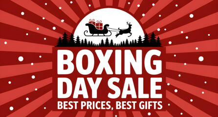 Boxing Day Sale Banner with Santa Sleigh and Holiday Snow Background