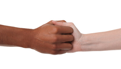 African American man joining hands with his partner on white background, closeup
